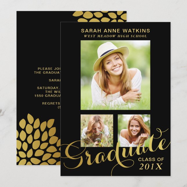 Svart Guld Skript Tre foto Studenten Inbjudningar (Fram/baksida)