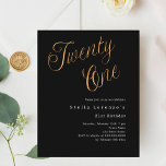 Svart guld-skriptbudget, 21:a födelsedagsinbjudan<br><div class="desc">En modern inbjudan till snyggt för en 21-årsdag party. Klassisk svart bakgrund och ord 21 skriven med elegant stort skript brev i faux guld. Anpassa och lägg till information om namn och party. 1 lakan = 1 inbjudan tryckt kant till kant.</div>
