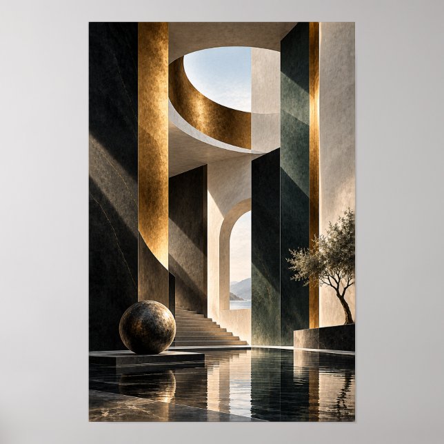 Svart Guld Skulptural Atrium Arkitektonisk Vägg Ar Poster (Framsidan)