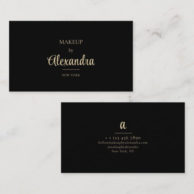 Svart Guld Sminkartist Elegant Skript Monogram Visitkort (Fram/baksida)