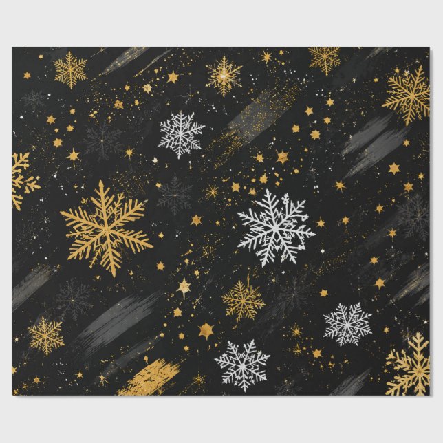 Svart Guld Snöflinga Julmönster Presentpapper (Platt)
