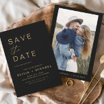Svart Guld Spara datum-Eleganten, fotominimalistis Spara Datumet<br><div class="desc">Bröllop Elegant Black och Guld Spara datumkort som har ett foto på framsidan. Spara datumkorten innehåller en modern handskriven kursiv skripttypografi som är elegant,  enkel och modern till använda efter att du har minimalistisk enkel bröllopsdag firande.</div>
