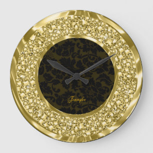 Svart & guld- Sparkling diamantGlitter-Monogram Stor Klocka