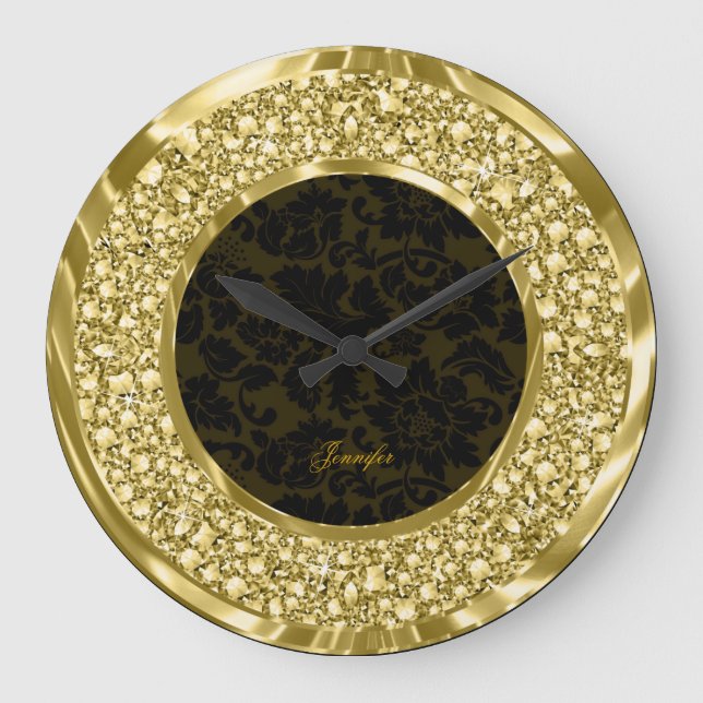 Svart & guld- Sparkling diamantGlitter-Monogram Stor Klocka (Framsida)