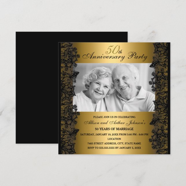 Svart & Guld Spets Foto 50-årsjubileum Inbjudan (Fram/baksida)
