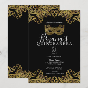 Svart & Guld Spetsmaskerad 15-års Quinceañera Inbjudningar