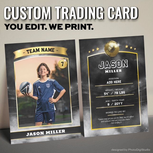 Svart Guld-stadium för anpassningsbar-fotbollskort (Custom Trading Card, Editable Soccer Trading Card, Modern Black Gold Stadium Design)