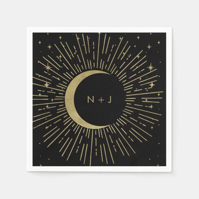 Svart & Guld Stjärnor Celestial Soluppgång Måne Br Pappersservett (Framsidan)