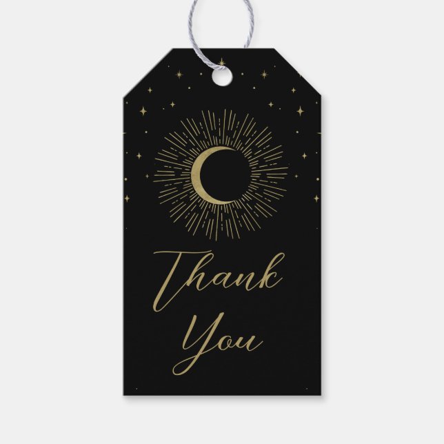 Svart & Guld Stjärnor Celestial Soluppgång Måne Br Presentetikett (Framsidan)