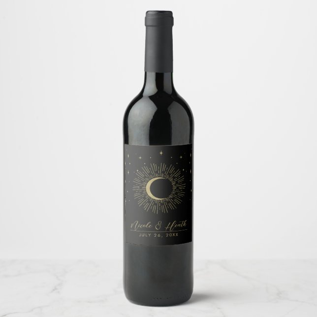 Svart & Guld Stjärnor Celestial Soluppgång Måne Br Vinflaska Etikett (Framsida)