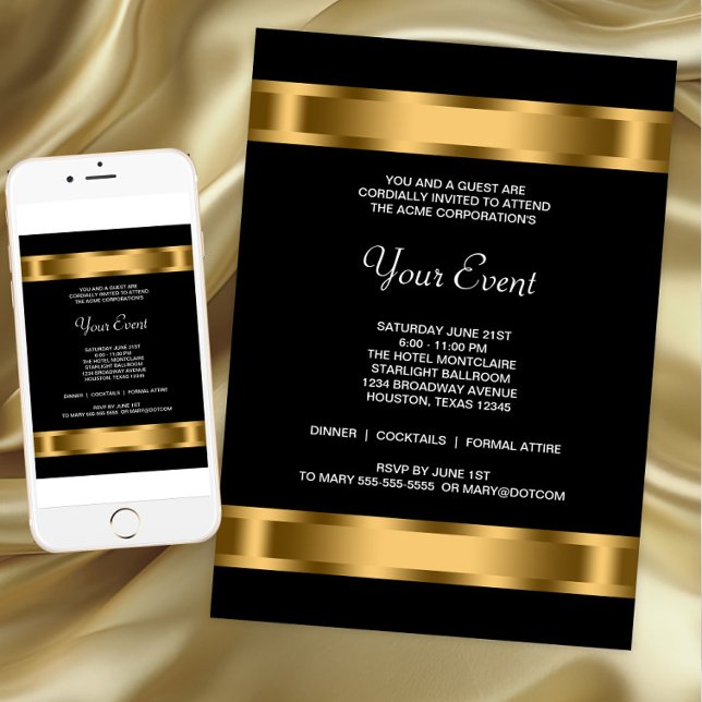 Svart Guld Svart Företagsevent Party Inbjudningar (Black and gold corporate event invitation with beautiful gold bands. For Instant download and print.)