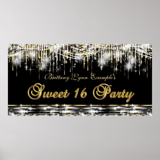 Svart Guld Sweet 16 Födelsedagsfest Banner Poster (Framsidan)