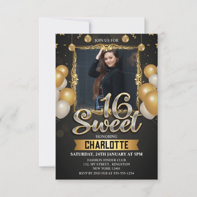 Svart & Guld Sweet 16 Foto Glitterballong Inbjudningar (Framsida)