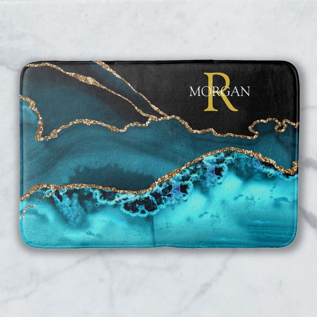 Svart Guld & Teal Agate, Monogram och Namn Badrumsmatta (Skapare uppladdad)