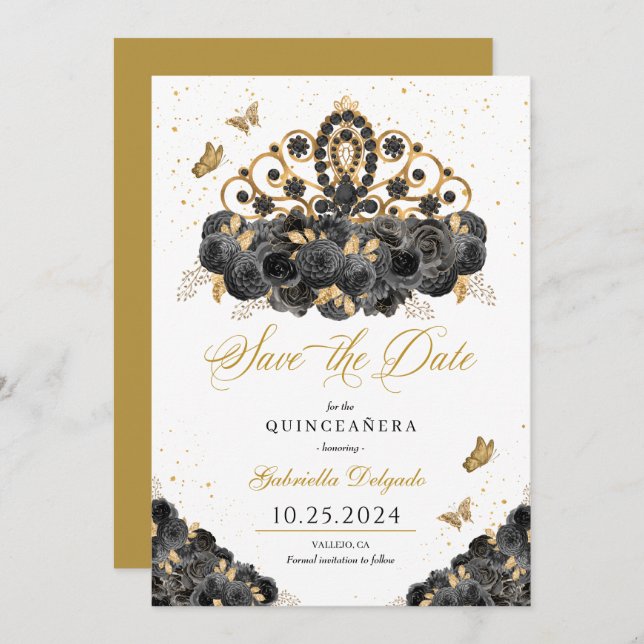 Svart & Guld Tiara Spara Datum Quinceañera Inbjudningar (Fram/baksida)