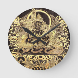 Svart & guld- tibetan buddistisk konst rund klocka