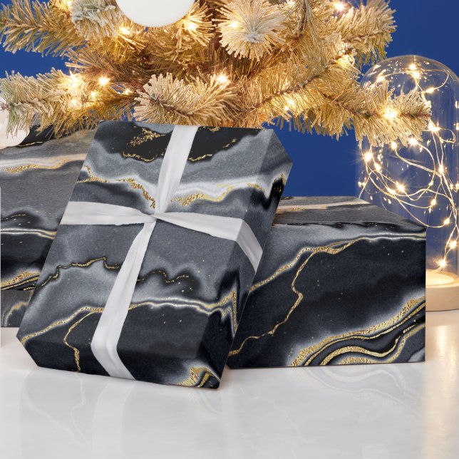 Svart guld-träkolagat marmorglam party presentpapper (Helgdagar)