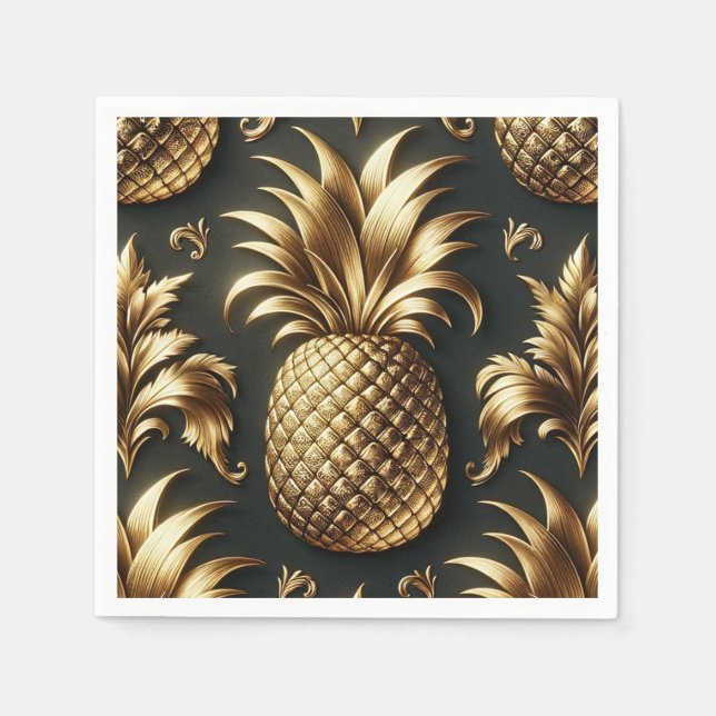 Svart & Guld Tropisk Ananas Lyxig Bröllop Pappersservett (Framsidan)