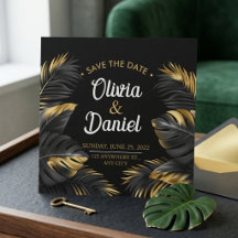 Svart Guld Tropiska Blad Glam Modern Bröllop