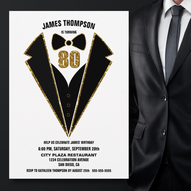 Svart Guld Tuxedo 80:e Födelsedagsfesten Inbjudningar (Skapare uppladdad)