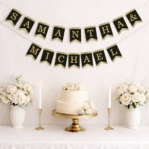 Svart guld vigsel namn Elegant vintage blomster  B Vimplar