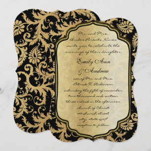 Svart Guld Vintage Damask Bröllopsinbjudan Inbjudningar
