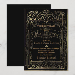Svart & Guld Vintage Viktoriansk Deco Halloween Inbjudningar