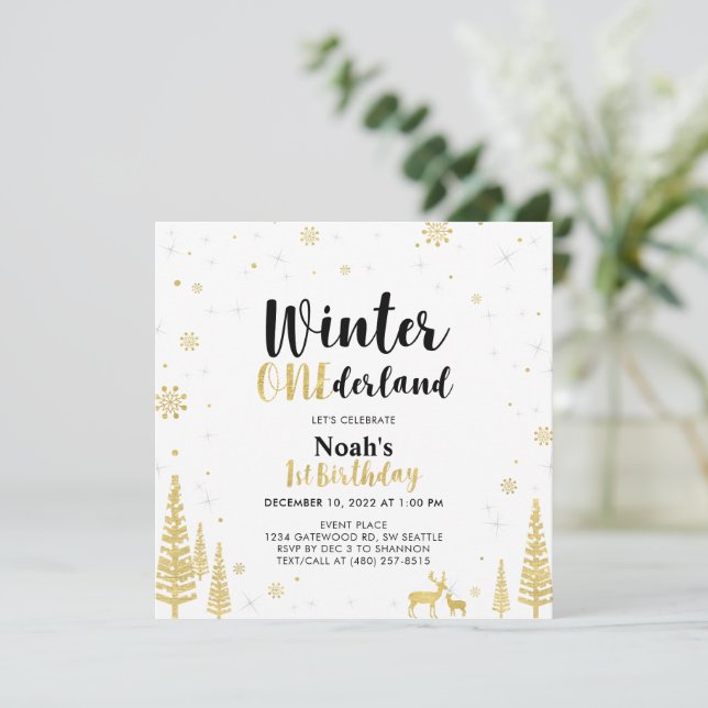 Svart & Guld Vinter Onederland 1:a Första Födelsed Inbjudningar (Stående Fram)