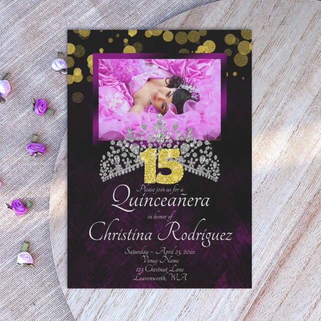 Svart, Guld, Violett Quinceanera Tiara Inbjudan (royal purple, gold, silver quinceanera invitations)