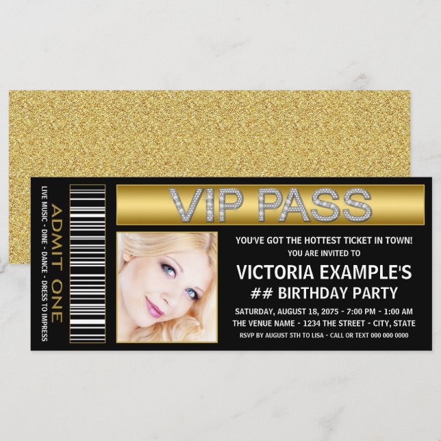 Svart Guld VIP Pass Biljett Födelsedagsfest Inbjudningar (Fram/baksida)