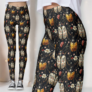 Svart Guld Vit Blommig Skalbädd Botanisk Leggings