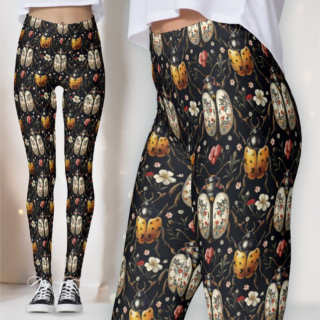 Svart Guld Vit Blommig Skalbädd Botanisk Leggings (Skapare uppladdad)