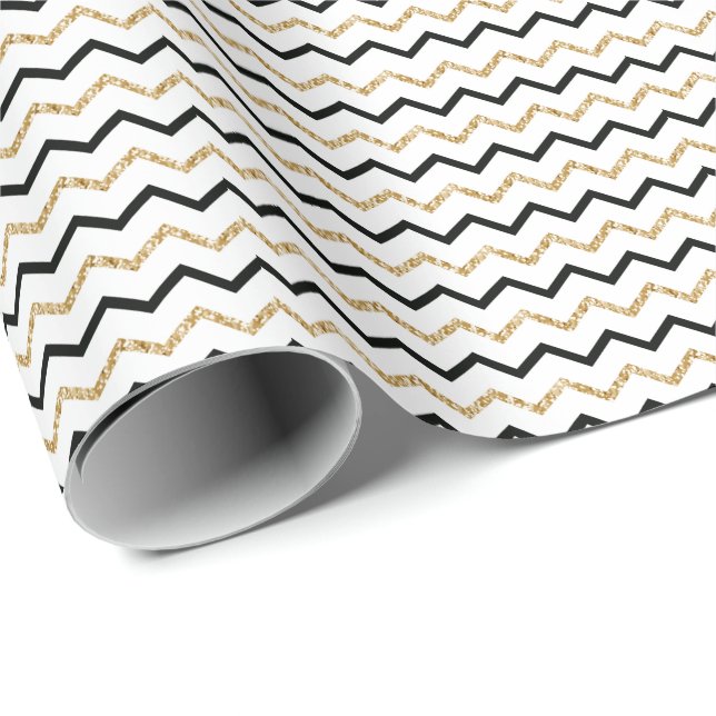 Svart Guld Vit Chevron Sicksackmönster Presentpapper (Rullad Hörn)