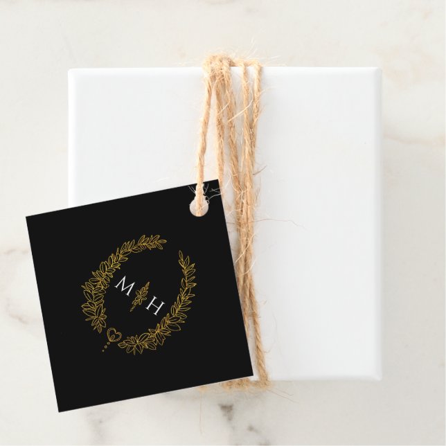 Svart, guld, vit löv, utandningskonst bröllop gåvor etiketter (På plats)