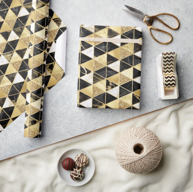 Svart, guld & vit marmorstruktur geometrisk presentpapper (Hantverk)