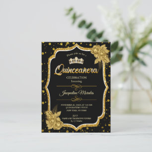 Svart Guld & Vit Quinceañera Födelsedagsinbjudan Vykort