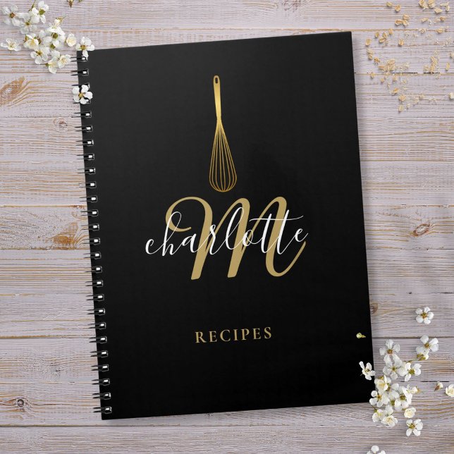 Svart Guld Vitriolkokbok med Recept Anteckningsbok (Script Monogram Black Gold Whisk Recipe Notebook)