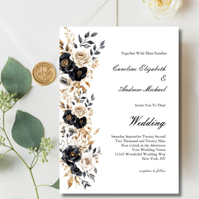 Svart Guld Vitt Akvarell Blommig Elegant Bröllop Inbjudningar (Black Gold White Watercolor Florals Elegant Wedding Invitation. Printed or Digital Download)