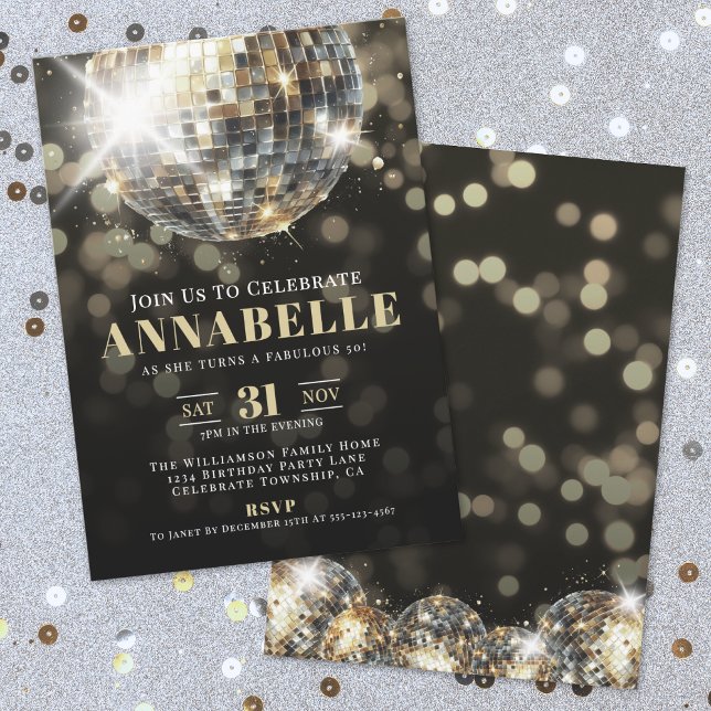 Svart Guld Vuxna 50-årsfest Inbjudningar (Black Gold Adult 50th Birthday Party Invitation)