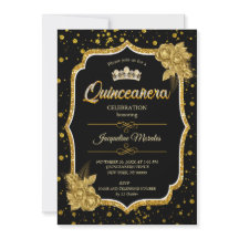 Svart Guld & White Quinceañera Birthday-inbjudan