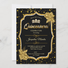 Svart Guld & White Quinceañera Birthday-inbjudan