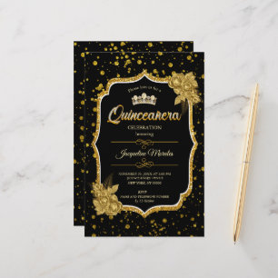 Svart Guld & White Quinceañera Birthday-inbjudan Brevpapper