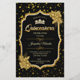 Svart Guld & White Quinceañera Birthday-inbjudan Brevpapper