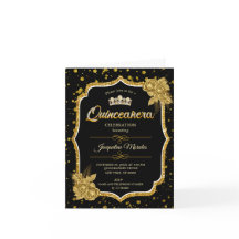 Svart Guld & White Quinceañera Birthday-inbjudan