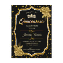 Svart Guld & White Quinceañera Birthday-inbjudan