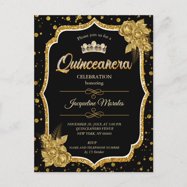 Svart Guld & White Quinceañera Birthday-inbjudan Meddelande Vykort (Framsida)