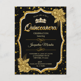 Svart Guld & White Quinceañera Birthday-inbjudan Meddelande Vykort