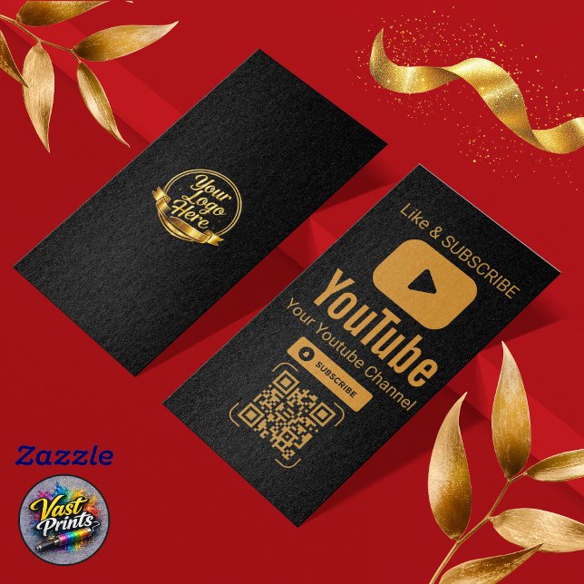 Svart Guld YouTube Prenumerera QR-kod Visitkort (Black Gold YouTube Subscribe QR Code Business Card)