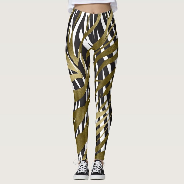 Svart & Guld Zebra Tryck Safari Glamour Leggings (Framsida)