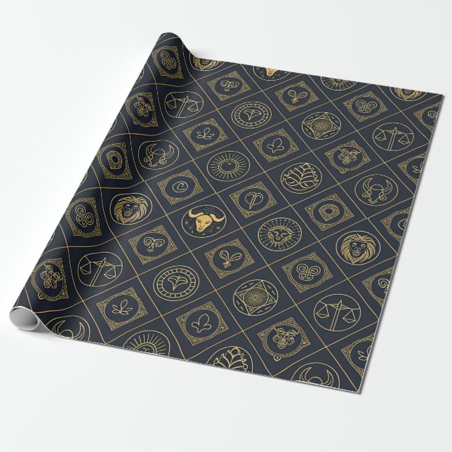 Svart Guld Zodiakens Tecken (2) Presentpapper (Utrullad)